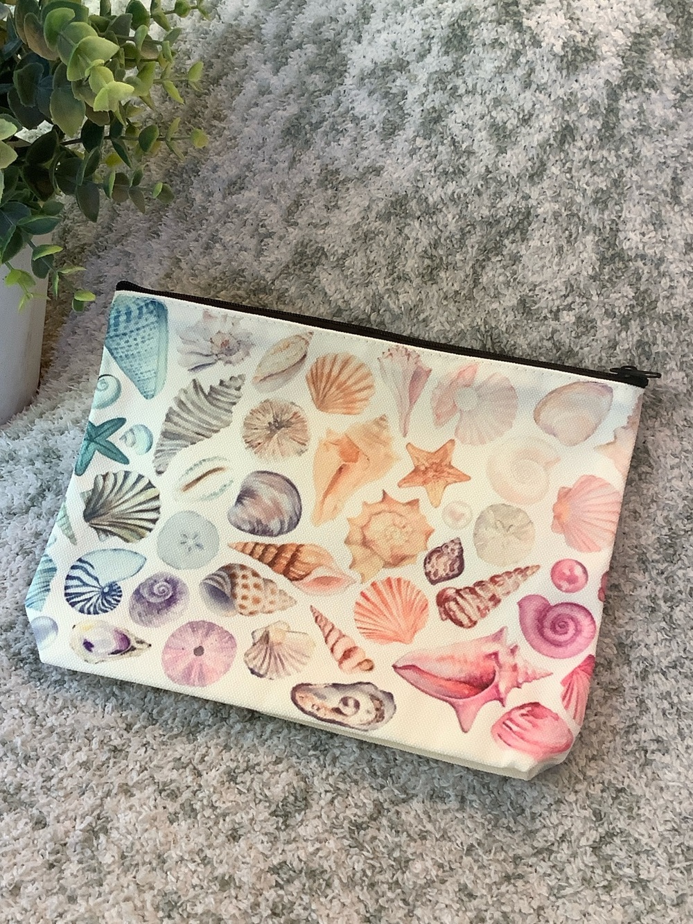 Rainbow Seashell Watercolor Cosmetic Zipper Bag Pouch NWT 9” x 6.75” Cotton